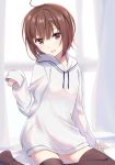 1girl absurdres ahoge black_legwear blush brown_eyes brown_hair curtains eyebrows_visible_through_hair head_tilt highres long_sleeves looking_at_viewer nemu_mohu open_mouth original oversized_clothes oversized_shirt shirt short_hair sitting solo sweater thigh-highs white_background white_curtains white_sweater window 