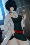  1girl alina_pegova atlus bangs black_hair blue_hair breasts brown_eyes choker collar collarbone jewelry labcoat looking_at_viewer medium_breasts megami_tensei nail_polish necklace persona persona_5 short_hair smile solo takemi_tae 