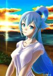  1girl aqua_(konosuba) bangs beach blue_eyes blue_hair blue_sky clouds collarbone covered_nipples dated day floating_hair highres kono_subarashii_sekai_ni_shukufuku_wo! lens_flare long_hair ocean oshiyon outdoors see-through shirt short_sleeves sky smile solo sun tied_hair twitter_username upper_body very_long_hair white_shirt 