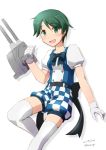  1girl adapted_turret alternate_costume bangs checkered_shorts commentary_request feet_out_of_frame gloves green_eyes green_hair kantai_collection looking_at_viewer mogami_(kantai_collection) nao_(nao_eg) puffy_sleeves short_hair short_sleeves shorts simple_background smile solo swept_bangs thigh-highs white_background white_gloves white_legwear 