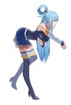  1girl absurdres aqua_(konosuba) ass black_legwear blue_eyes blue_hair boots breasts detached_sleeves full_body hair_ornament hair_rings high_heel_boots high_heels highres kono_subarashii_sekai_ni_shukufuku_wo! large_breasts long_hair looking_to_the_side profile simple_background skirt solo standing takamitsu-kun thigh-highs thigh_boots very_long_hair white_background 