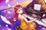  1girl closed_mouth crazypen floating_hair hair_between_eyes highres instrument long_hair looking_at_viewer love_live! love_live!_sunshine!! miniskirt music playing_instrument playing_piano redhead sakurauchi_riko scrunchie shiny shiny_hair shirt sitting skirt sleeveless sleeveless_shirt smile solo very_long_hair wrist_scrunchie yellow_eyes yellow_scrunchie yellow_shirt yellow_skirt 