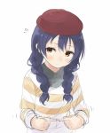  1girl alternate_hairstyle bangs blue_hair blush braid commentary_request hair_between_eyes hat long_hair looking_at_viewer love_live! love_live!_school_idol_festival love_live!_school_idol_project multiple_braids parted_lips shirt simple_background solo sonoda_umi striped striped_shirt totoki86 twin_braids white_background yellow_eyes 