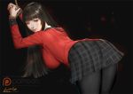  1girl ariverkao bangs black_hair black_legwear blunt_bangs bound bound_wrists breasts brown_eyes dark_background dated jabami_yumeko jacket kakegurui large_breasts leaning_forward long_hair looking_at_viewer looking_back pantyhose rope school_uniform signature skirt smile solo 