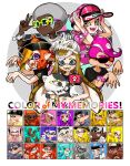  afro animal autobomb_(splatoon) baseball_cap bracelet cat crown dark_skin english_text fancy_glasses fish_bone flag food glowing glowing_eye hat headband headphones highres holding holding_animal inkling jajji-kun_(splatoon) jewelry jiangshi_costume kojajji-kun_(splatoon) mask mouth_hold octoling one_eye_closed outstretched_arms pocky pointy_ears sailor_hat smile splatoon_(series) sunglasses tentacle_hair visor_cap yeneny zombie_pose 