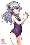  1girl alternate_costume artist_logo blue_swimsuit blush collarbone competition_school_swimsuit covered_navel cowboy_shot dated eyebrows_visible_through_hair feet_out_of_frame fingers_together flat_chest grey_eyes hair_ornament hairband highres kanon_(kurogane_knights) kantai_collection long_hair looking_at_viewer new_school_swimsuit one-piece_swimsuit open_mouth ponytail school_swimsuit signature silver_hair simple_background smile solo standing swimsuit wavy_hair white_background yamagumo_(kantai_collection) 
