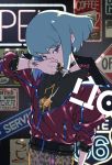  bracelet choker contemporary earrings green_hair jacket jewelry lio_fotia long_sleeves looking_at_viewer male_focus middle_finger neon_lights pants promare shirikon short_hair solo_focus spiked_choker spikes tattoo violet_eyes 