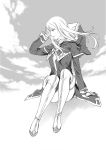  1girl arm_support boots break_blade capelet day floating_hair greyscale hand_in_hair highres hood hood_down hooded_capelet long_hair looking_to_the_side monochrome official_art outdoors profile short_shorts shorts sigyn_erster sitting solo thigh-highs thigh_boots yoshinaga_yunosuke 