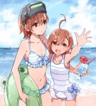 2girls ahoge beach bikini blue_sky breasts brown_eyes brown_hair casual_one-piece_swimsuit clouds collarbone commentary_request cowboy_shot day drink flat_chest gekota head_mounted_display highres horizon innertube last_order looking_at_viewer misaka_imouto multiple_girls nanaheibei_3 ocean one-piece_swimsuit outdoors shirt short_hair sky small_breasts striped striped_bikini striped_swimsuit swimsuit swimsuit_skirt to_aru_majutsu_no_index wet white_bikini white_shirt 