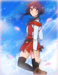  1girl alternate_costume back black_hair black_legwear blush casual cherry_blossoms eyebrows_visible_through_hair from_behind highres kono_subarashii_sekai_ni_shukufuku_wo! looking_at_viewer looking_back megumin red_eyes solo thigh-highs tusia 