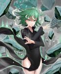  1girl absurdres black_dress breasts collarbone commentary_request curly_hair dress floating green_eyes green_hair highres long_sleeves looking_at_viewer navel no_panties one-punch_man short_hair small_breasts solo tatsumaki telekinesis yngh2445 