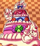  alcremie bow cake checkered_background flower_pattern frosting_bag gigantamax heart_pattern inika-xeathis layer_cake no_humans pink pokemon pokemon_(creature) pokemon_(game) red_eyes 