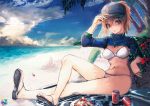  1girl ahoge artoria_pendragon_(all) baseball_cap beach beach_mat bikini blonde_hair blue_eyes blue_headwear blue_jacket breasts can clouds cloudy_sky commentary_request cropped_jacket day fate/grand_order fate_(series) flower food hair_between_eyes hat hibiscus holding holding_eyewear jacket medium_breasts mysterious_heroine_xx_(foreigner) navel ocean outdoors palm_tree ponytail rean_(r_ean) sandals shrug_(clothing) sky soda_can solo swimsuit tree white_bikini wristband zipper_pull_tab 