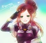 1girl :d artist_name bangs blue_background bodysuit copyright_name earrings floating_hair gradient gradient_background green_eyes helmet holding holding_helmet jewelry kimidori_(kimidoriri) long_hair looking_at_viewer macross macross_delta mirage_farina_jenius open_mouth parted_bangs pointy_ears ponytail purple_bodysuit redhead sketch smile solo upper_body white_background 