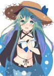  1girl adapted_costume bangs bikini black_bikini black_jacket black_ribbon blue_innertube breasts choker commentary_request cowboy_shot frilled_bikini_bottom green_eyes green_hair hair_between_eyes hair_ornament hair_ribbon hairclip hands_on_own_chest hat innertube ittokyu jacket kantai_collection long_hair looking_at_viewer medium_breasts open_mouth parted_bangs ponytail ribbon sidelocks solo straw_hat sun_hat swimsuit yamakaze_(kantai_collection) 