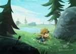  !? arrow bettykwong blue_shirt blue_sky blush_stickers boulder cape grass link lynel pine_tree pond running shirt sky sweat the_legend_of_zelda the_legend_of_zelda:_breath_of_the_wild tree 