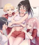  4girls absurdres bangs black_hair blonde_hair blunt_bangs blush eyebrows_visible_through_hair female_pervert freckles groping gym_uniform highres kaho_(watashi_ga_motenai_no_wa_dou_kangaetemo_omaera_ga_warui!) katou_asuka multiple_girls narita_miho navel pants pervert ponytail sasaki_fuuka shorts tomato_cyuki track_pants track_suit undressing watashi_ga_motenai_no_wa_dou_kangaetemo_omaera_ga_warui! zipper 