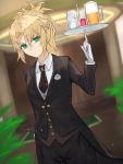  1girl absurdres aito black_jacket black_neckwear blonde_hair braid breasts commentary_request cowboy_shot cup drinking_glass drinking_straw fate/grand_order fate_(series) formal green_eyes highres holding jacket long_hair looking_at_viewer mordred_(fate) mordred_(fate)_(all) necktie ponytail shirt small_breasts smile solo white_shirt 