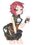  1girl ammunition_belt blue_eyes braid coffee coffee_cup commentary_request cup disposable_cup drooling explosive fingerless_gloves french_braid gloves grenade gun holding holding_gun holding_weapon original pleated_skirt ran_system redhead short_hair skirt solo vest weapon white_background 