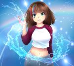  1girl abstract_background arm_behind_back arm_up bangs blue_background breasts brown_hair crop_top denim eyebrows_visible_through_hair hime_cut looking_at_viewer magic magical_girl medium_breasts midriff multicolored multicolored_eyes multicolored_hair nail_polish navel nyaaan open_mouth original raglan_sleeves rainbow rainbow_background rainbow_eyes rainbow_hair shirt signature simple_background sleeves_past_elbows smile solo stomach tagme water water_drop water_manipulation 