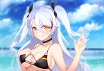  1girl :q azur_lane bikini bikini_top black_bikini black_bikini_top black_choker black_ribbon blue_sky breasts choker chunyineo clouds collarbone commentary_request day eyebrows_visible_through_hair eyes_visible_through_hair flag_print german_flag german_flag_bikini hair_between_eyes hair_ribbon heart highres large_breasts long_hair looking_at_viewer multicolored_hair ocean prinz_eugen_(azur_lane) redhead ribbon sky solo swimsuit tongue tongue_out two-tone_hair two_side_up upper_body v white_hair yellow_eyes 