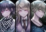  1girl 2boys ahoge akamatsu_kaede amami_rantarou antenna_hair artist_name black_hair blonde_hair breasts checkered checkered_scarf collarbone commentary_request dangan_ronpa ear_piercing earrings eyebrows_visible_through_hair from_side green_eyes green_hair hair_ornament jewelry large_breasts long_hair looking_at_viewer multiple_boys musical_note_hair_ornament necklace new_dangan_ronpa_v3 orange_neckwear ouma_kokichi piercing pink_eyes scarf short_hair striped striped_sweater sweater violet_eyes z-epto_(chat-noir86) 