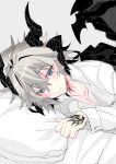  1boy bangs bed bed_sheet blue_eyes closed_mouth collarbone command_spell dragon_boy dragon_horns dragon_wings fate/apocrypha fate_(series) haoro horns looking_at_viewer lying male_focus on_bed pillow sieg_(fate/apocrypha) simple_background smile solo wings 
