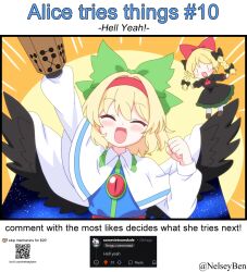  2girls adapted_costume alice_margatroid alternate_costume arm_cannon ascot bird_wings black_bow black_dress blonde_hair blush bnelsey bow braid cape capelet clenched_hands closed_eyes commentary cosplay dress english_commentary english_text facing_viewer feathered_wings green_bow hair_bow hairband kaenbyou_rin kaenbyou_rin_(cosplay) ko-fi_logo long_hair long_sleeves multiple_girls multiple_hair_bows open_mouth qr_code red_ascot red_bow red_hairband reiuji_utsuho reiuji_utsuho_(cosplay) request_inset screenshot_inset shanghai_doll smile starry_sky_print third_eye third_eye_on_chest touhou twin_braids twitter_username weapon web_address white_cape white_capelet wings |_| 