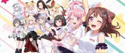  6+girls absurdres alternate_costume bang_dream! bang_dream!_it&#039;s_mygo!!!!! bang_dream!_mugendai_mewtype black_hair blonde_hair blue_eyes breasts brown_hair despuntater gloves grey_hair highres kurata_mashiro long_hair maruyama_aya medium_breasts minato_yukina misumi_uika mitake_ran multiple_girls nakamachi_arale one_eye_closed pink_eyes pink_hair red_eyes shirt short_hair shorts standing takamatsu_tomori teeth toyama_kasumi tsurumaki_kokoro upper_teeth_only wakana_rei white_gloves white_hair white_shirt yellow_eyes 