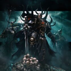  3boys adeptus_astartes armor back_spikes black_armor black_background black_cape black_helmet black_legion_(warhammer_40k) cape chaos_space_marine clawed_gauntlets daniel_batista demon_horns eye_of_horus fake_horns fog from_below gauntlets glowing glowing_eyes gold_trim helmet highres holding holding_staff holding_sword holding_weapon horned_helmet horns looking_at_viewer male_focus multiple_boys pauldrons pelvic_curtain power_armor pteruges red_eyes shoulder_armor shoulder_spikes skull skull_ornament spikes staff sword terminator_armor too_many_skulls warhammer_40k weapon 