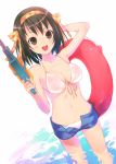  breasts brown_eyes brown_hair cleavage denim denim_shorts hairband highres innertube midriff navel open_fly open_mouth short_hair short_shorts shorts smile solo submerged suzumiya_haruhi suzumiya_haruhi_no_yuuutsu swimsuit uni unzipped water water_gun watergun 