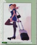  blush breasts flight_attendant high_heels highres jinguuji_rio one_shoe red_eyes red_hair redhead shoes single_shoe skirt stewardess suitcase surprise surprised thigh-highs thighhighs 