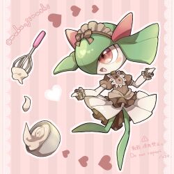  artist_name bow clothed_pokemon colored_skin frilled_hairband frills green_hair green_skin hair_over_one_eye hairband heart highres kirlia kirlia_(grand_gown) muku_jirushi multicolored_skin open_mouth pink_background pink_eyes pokemon pokemon_(creature) pokemon_cafe_remix smile striped_background two-tone_skin white_skin 