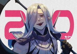  1boy :d akechi_mitsuhide_(sengoku_basara) am1582 anniversary armor black_gloves fangs gloves grey_background grey_hair hair_over_one_eye highres holding holding_scythe long_hair looking_at_viewer male_focus portrait scythe sengoku_basara shoulder_armor sleeveless smile solo violet_eyes 