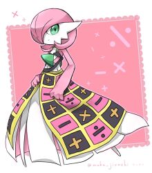  alternate_color alternate_shiny_pokemon artist_name colored_skin cosplay dress gardevoir green_eyes hair_over_one_eye highres jojo_no_kimyou_na_bouken looking_at_viewer muku_jirushi multicolored_skin pink_background pink_hair pink_skin pokemon pokemon_(creature) trish_una trish_una_(cosplay) two-tone_skin vento_aureo white_dress white_skin 