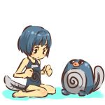  1girl barefoot blue_hair blush_stickers hitec moemon one-piece one-piece_swimsuit personification pokemon pokemon_(creature) pokemon_(game) pokemon_rgby poliwag school_swimsuit short_hair simple_background sitting swimsuit tail 
