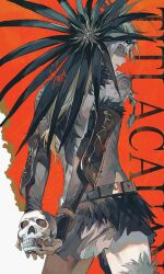  1boy absurdres arm_tattoo aztec back belt black_nails blonde_hair blue_eyes braid cowboy_shot detached_sleeves facepaint fate/grand_order fate_(series) from_behind hair_ornament headdress highres holding holding_skull jewelry loincloth long_hair looking_at_viewer looking_back male_focus mexican_clothes red_background shoulder_tattoo skull solo sqloveraven tattoo tezcatlipoca_(fate) tezcatlipoca_(third_ascension)_(fate) 