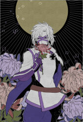  1boy cape covered_mouth cowboy_shot crtr_melco eye_mask flower gloves highres holding holding_flower looking_at_viewer male_focus pants purple_cape purple_gloves purple_mask purple_pants sengoku_basara side_cape solo takenaka_hanbee_(sengoku_basara) violet_eyes white_hair 