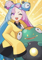  1girl ;d bare_shoulders bellibolt blue_hair bow-shaped_hair breasts character_hair_ornament commentary_request criss-cross_halter eyelashes hair_ornament halter_shirt halterneck highres iono_(pokemon) jacket long_hair long_sleeves looking_at_viewer medium_breasts moegi_itsukashi multicolored_hair one_eye_closed open_mouth pink_eyes pink_hair pokemon pokemon_(creature) pokemon_sv sharp_teeth sleeves_past_fingers sleeves_past_wrists smile teeth twintails two-tone_hair upper_teeth_only very_long_hair yellow_jacket 