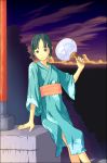  black_eyes black_hair bob_cut crossed_legs_(standing) fan flash_tomo hands japanese_clothes kimono original paper_fan short_hair sky smile solo sunset temple uchiwa yukata 