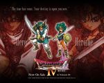  dragon_quest dragon_quest_iv dual_persona english green green_hair hat hero_(dq4) heroine_(dq4) official_art shield sword toriyama_akira wallpaper weapon zoom_layer 