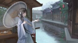  1girl absurdres beizi_(clothing) black_hair blue_flower blunt_bangs chinese_clothes chinese_commentary closed_mouth commentary_request cowboy_shot eyelashes flower grey_eyes hair_flower hair_ornament hair_stick hand_up highres holding holding_umbrella hui_mou lantern long_hair long_sleeves mansui_(the_hungry_lamb) mole mole_under_eye oil-paper_umbrella outdoors paper_lantern rain ripples scenery sidelocks smile solo split_mouth straight_hair tassel the_hungry_lamb:_traveling_in_the_late_ming_dynasty umbrella very_long_hair white_flower wide_sleeves 