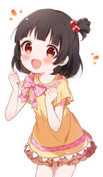  1girl :d absurdres black_hair bow brown_skirt buchi_(y0u0ri_) child clenched_hands commentary_request cowboy_shot hair_bobbles hair_ornament hands_up highres idolmaster idolmaster_million_live! looking_at_viewer medium_hair nakatani_iku notice_lines one_side_up open_mouth pink_bow plaid_bow pleated_skirt red_eyes shirt shirt_bow short_sleeves simple_background skirt smile solo white_background yellow_shirt 