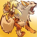  1girl arcanine bare_shoulders bike_shorts blonde_hair blush_stickers clenched_hand costume detached_sleeves fang fur hitec jpeg_artifacts long_hair looking_back midriff moemon open_mouth paws personification pokemon pokemon_(creature) pokemon_(game) pokemon_rgby red_eyes simple_background tail 