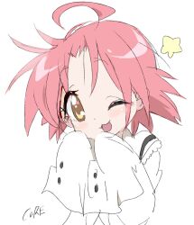  1girl :3 ahoge artist_name blush buttons core_(mayomayo) highres kogami_akira looking_at_viewer lucky_star one_eye_closed pink_hair sailor_collar school_uniform shirt short_hair simple_background sketch spiky_hair very_long_sleeves white_background white_sailor_collar white_shirt yellow_star 