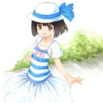  brown_hair camisole dress hat kurasuke original outstretched_arms short_hair smile solo spread_arms striped sun_hat 