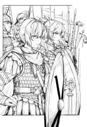  2girls absurdres alternate_costume armor artoria_pendragon_(fate) border cape english_commentary fate/stay_night fate/zero fate_(series) from_side greyscale hand_on_own_hip helmet highres holding holding_shield lonelysound long_hair long_sleeves monochrome mordred_(fate) multiple_boys multiple_girls outside_border planted planted_sword polearm ribbon roman_armor saber_(fate) shield spear sword weapon white_background white_border 