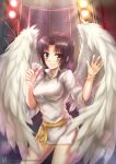  1girl angel_wings bad_id belt black_hair blush borrowed_character bracelet breasts brown_eyes cup dress drinking_glass jewelry looking_at_viewer luzi original short_hair sidelocks smile solo stage_lights white_dress white_wings wine_glass wings 