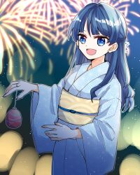  1girl :d aerial_fireworks asa_no_ha_(pattern) blue_eyes blue_hair blue_kimono blue_ribbon commentary cowboy_shot fireworks hair_intakes hair_ribbon half_updo highres holding japanese_clothes kanduki_kamibukuro kimono link!_like!_love_live! long_sleeves looking_at_viewer love_live! mole mole_on_neck murano_sayaka murano_sayaka_(hokkoku_hanabi) night obi obijime official_alternate_costume open_mouth red_ribbon ribbon sash seigaiha smile solo summer_festival virtual_youtuber wide_sleeves yellow_sash yukata 