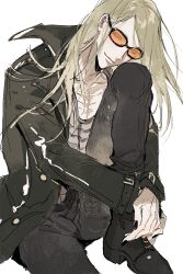  1boy absurdres black_jacket black_pants black_shoes blonde_hair boots fate/grand_order fate_(series) highres jacket jewelry knee_up long_hair looking_at_viewer male_focus necklace open_clothes open_jacket orange-tinted_eyewear pants shirt shoes simple_background sitting smile solo sqloveraven sunglasses tezcatlipoca_(fate) tezcatlipoca_(first_ascension)_(fate) tinted_eyewear white_background 